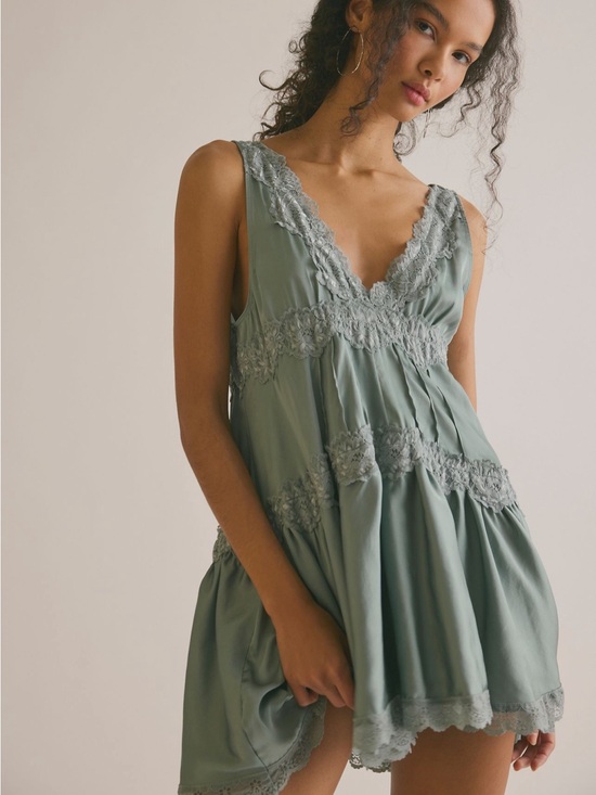 Free People Dresses & Skirts - Free People Sage Green Lace-Trim Babydoll Mini Dress